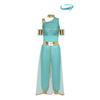 S-XXL Womens Arab Princess Cosplay Belly Dance Jumpsuit with Headwear and Detachable Sleeves Gem Decor Tulle Overlay Rompers Halloween Costume