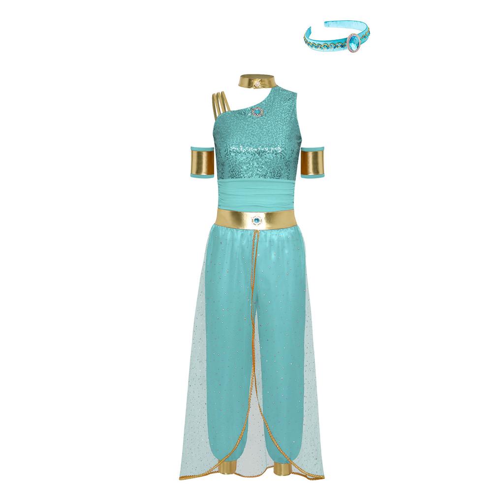S-XXL Womens Arab Princess Cosplay Belly Dance Jumpsuit with Headwear and Detachable Sleeves Gem Decor Tulle Overlay Rompers Halloween Costume