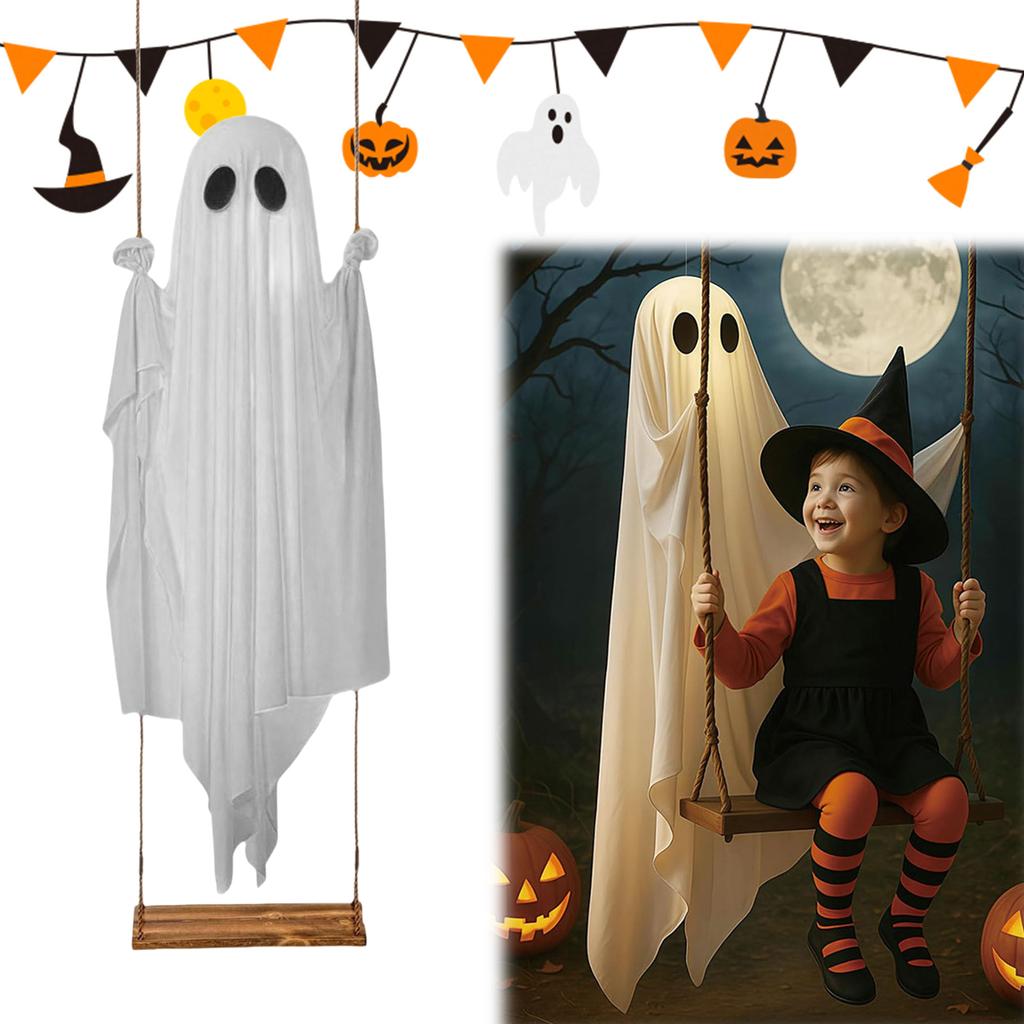 Halloween Hanging Swing Ghost Decor Thicken Spooky Ghost Ornament Battery Powered Cute White Ghost Swing for Porch Yard Trees