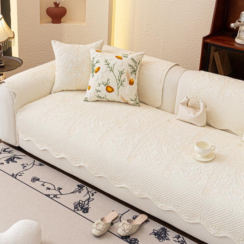 New Pure Cotton Fabric Sofa Cover, Universal Non-Slip French Cream Wind Sofa Seat Cushion Cover For All Seasons