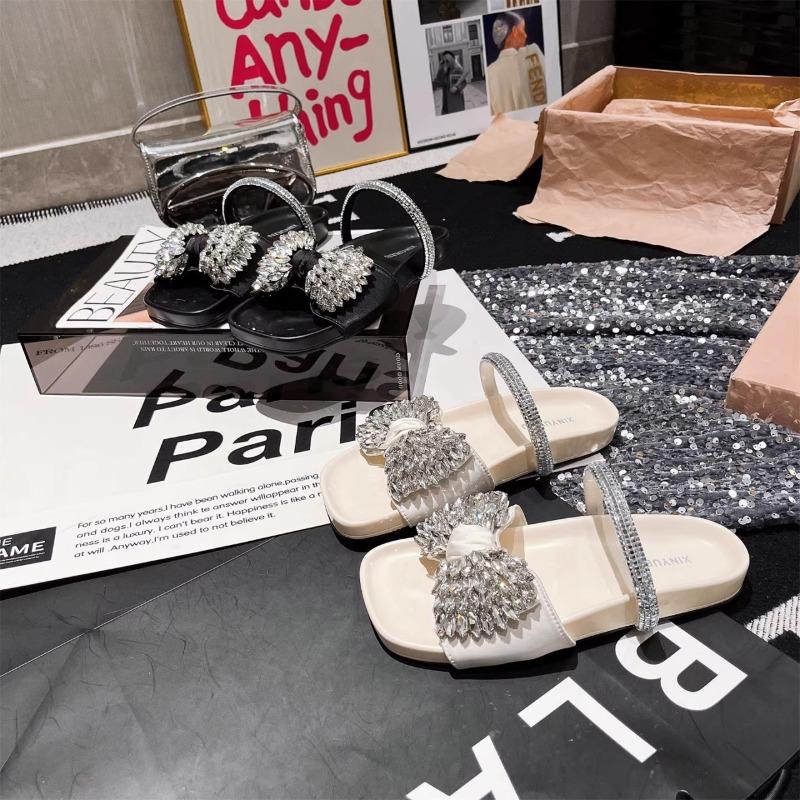 New Rhinestone Bow Slippers Mary Jane Beach Sandals Casual Vacation Outer Slippers Women's Shoes