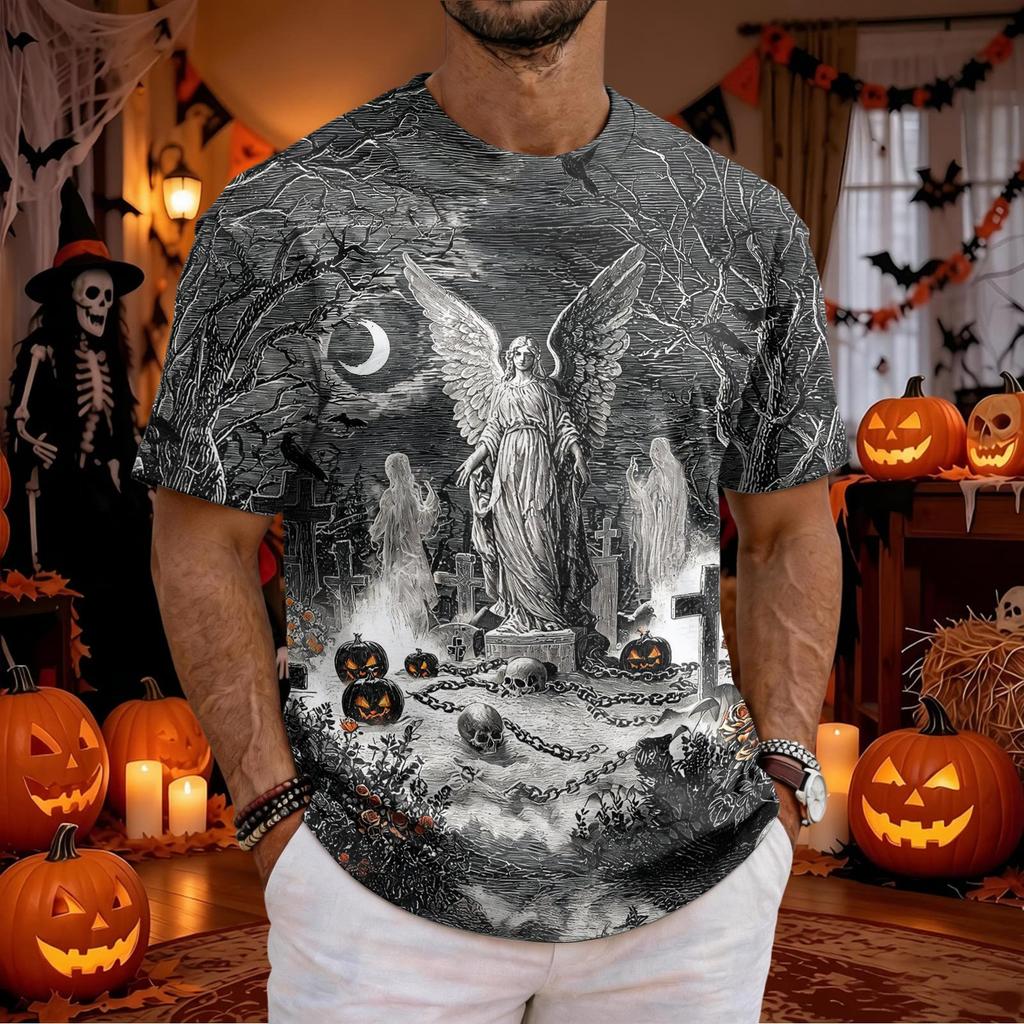 Men's Halloween Neck Short Sleeve T-Shirt with Graphic Print for Costume Party