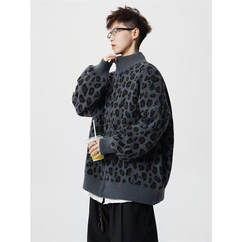 American Trendy Men's Leopard Print Retro Knit Cardigan - Loose Fit Casual Couple Outerwear