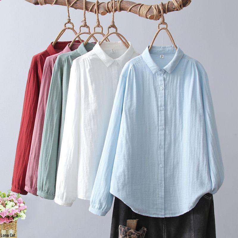 Women's Soft Cotton Double Layer Gauze Long Sleeve Shirt, Versatile with Pointed Collar
