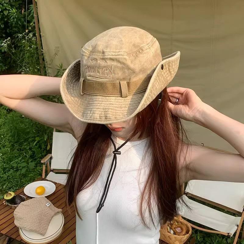 

Western Cowboy Women Fisherman Hat Solid Color Embroidery Wide Brim Bucket Hats For Girls Ladies Hiking Fishing Anti-UV Cap one size хакі