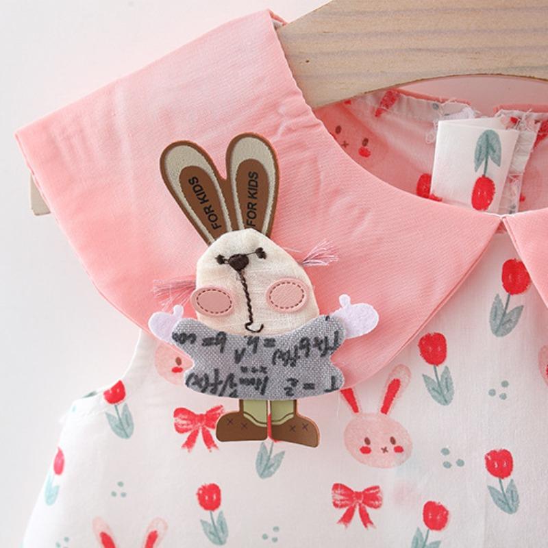 Lato Nowa Bawełniana sukienka dla dziewczynki Edycja Kołnierzyk zapinany na guziki Sukienka z małym króliczkiem na całe ciało Handel zagraniczny Sukienka dziecięca