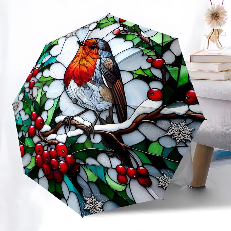 

1pc Stained Glass Winter Robin with Holly Berries, Auto Open Close Umbrella, Portable Tri-Fold Design, 8-Bone Iron Frame Outdoor Umbrella, Festive Gif
