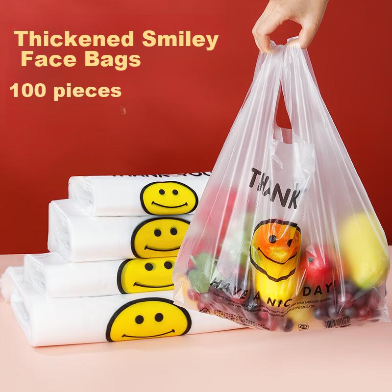 SHUANG YU Disposable Plastic Bags [Thickened 26*42cm/100 Pieces], Smiley Face Shopping Bags, Food Cling Film Bags, Breakfast Bags