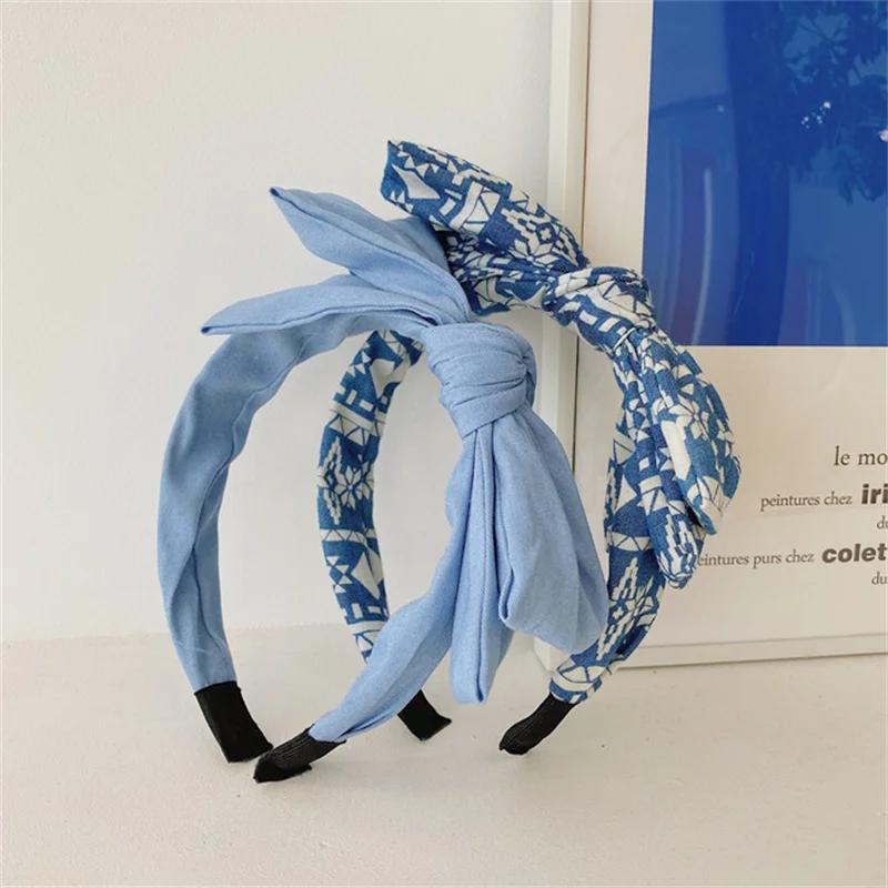 Vintage Denim Cloth Knotted Headbands for Women Ladies Casual Shopping Head Wears Side Bow Knot Hairbands