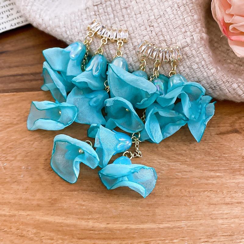Summer limited~ Silver needle zircon chiffon flower stud earrings sweet vacation style earrings super fairy design fashion earrings