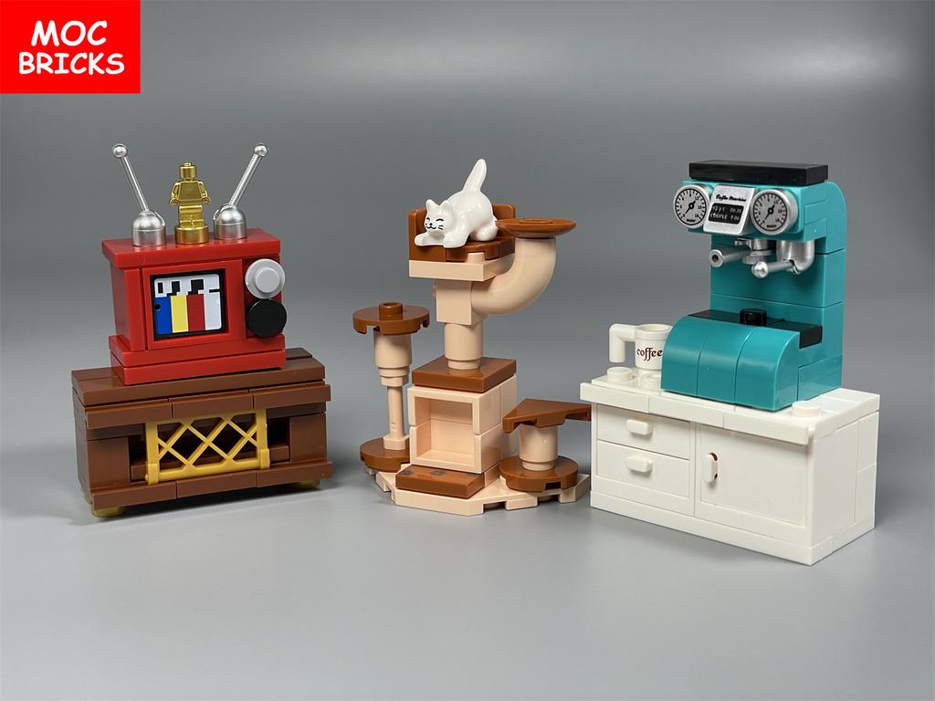 MOC Bricks House Mini Retro Furniture Kitchen Tool Sewing Machine House Living Room Accessories DIY Building Blocks Kids Toy