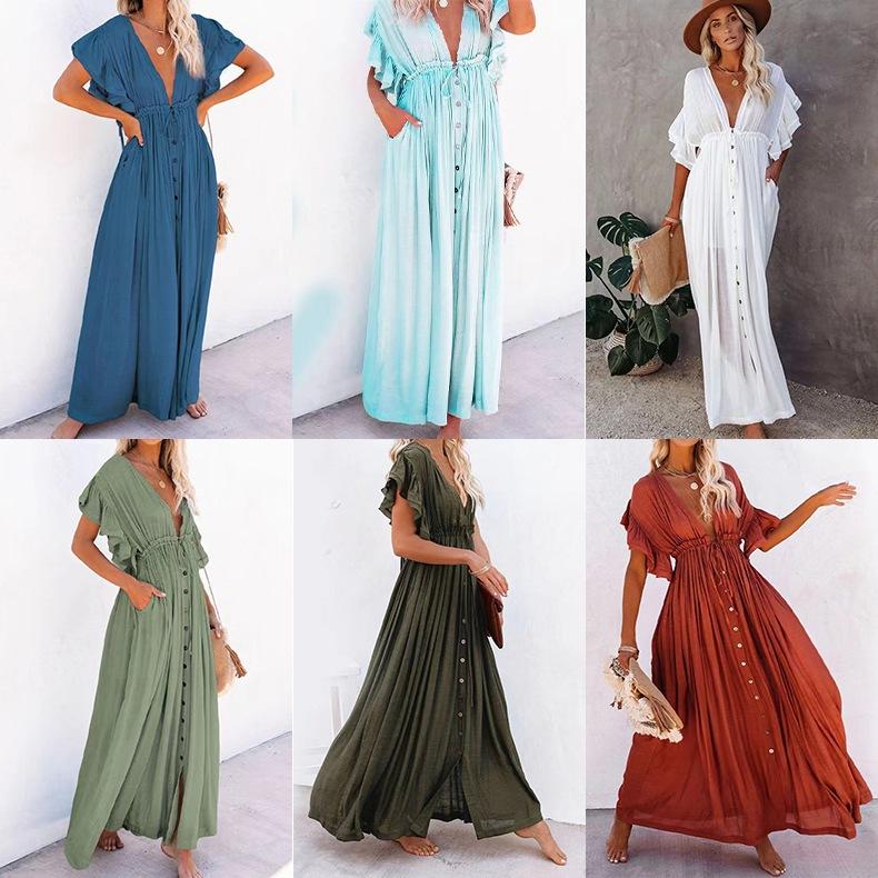 Copricostume lunghi estivi per donna, kimono con scollo a V, abiti da spiaggia, con lacci, anti-sole, gonna sarong bohémien