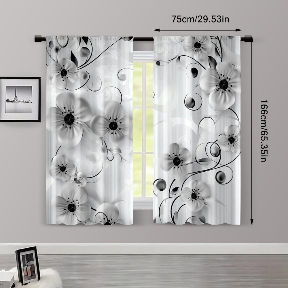 Set Of 2 Bohemian Print Curtains Style Black Floral Durable Polyester Fabric Without Rod Art Deco Festive Perfect Curtain Made