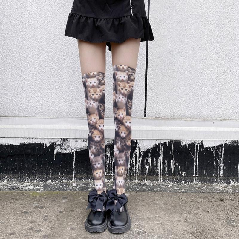Women's Lolitas Thigh Highs Stockings 3D Cartoon Anime Over the Knee Socks Tights Cats Printed Silk Stockings Hosiery