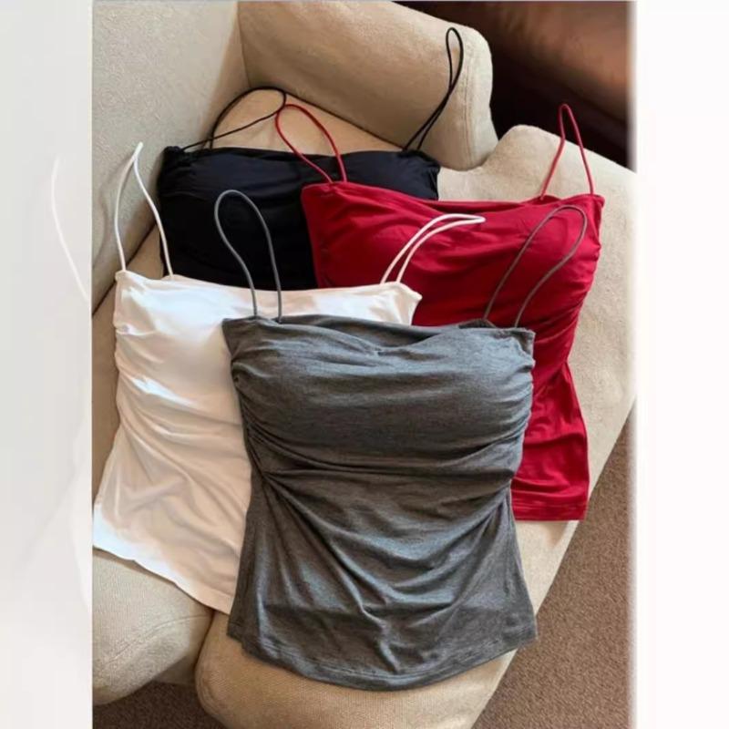 French Pure Sexy Spice Camisole Women Summer Pleated Slim-fit with Chest Thin Strap with Breast Pad Top
