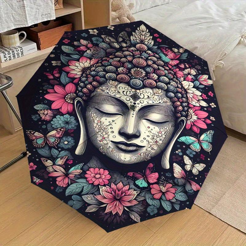 1pc Buddha Flowers Print Umbrella -Home Travel Portable Outdoor Accessories, Multi-functional Umbrella Gift0817003