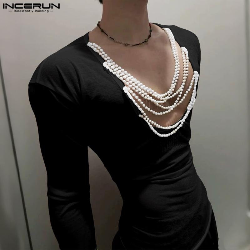 INCERUN Men Beading Low Cut Neck Long Sleeve Fitted Tops T-shirts Undershirts