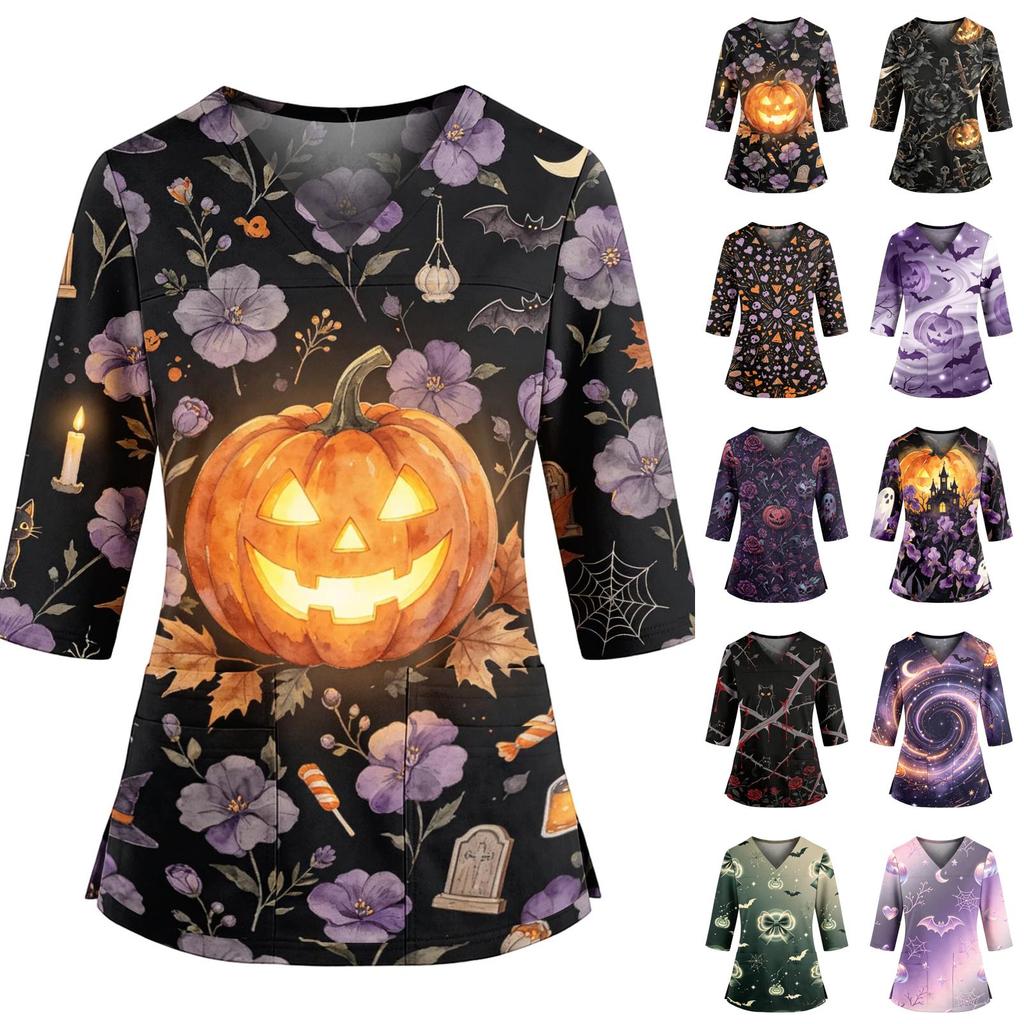 Women's Casual V-Neck Scrub Top with Pockets and Side Slits, 3/4 Sleeve Halloween Print