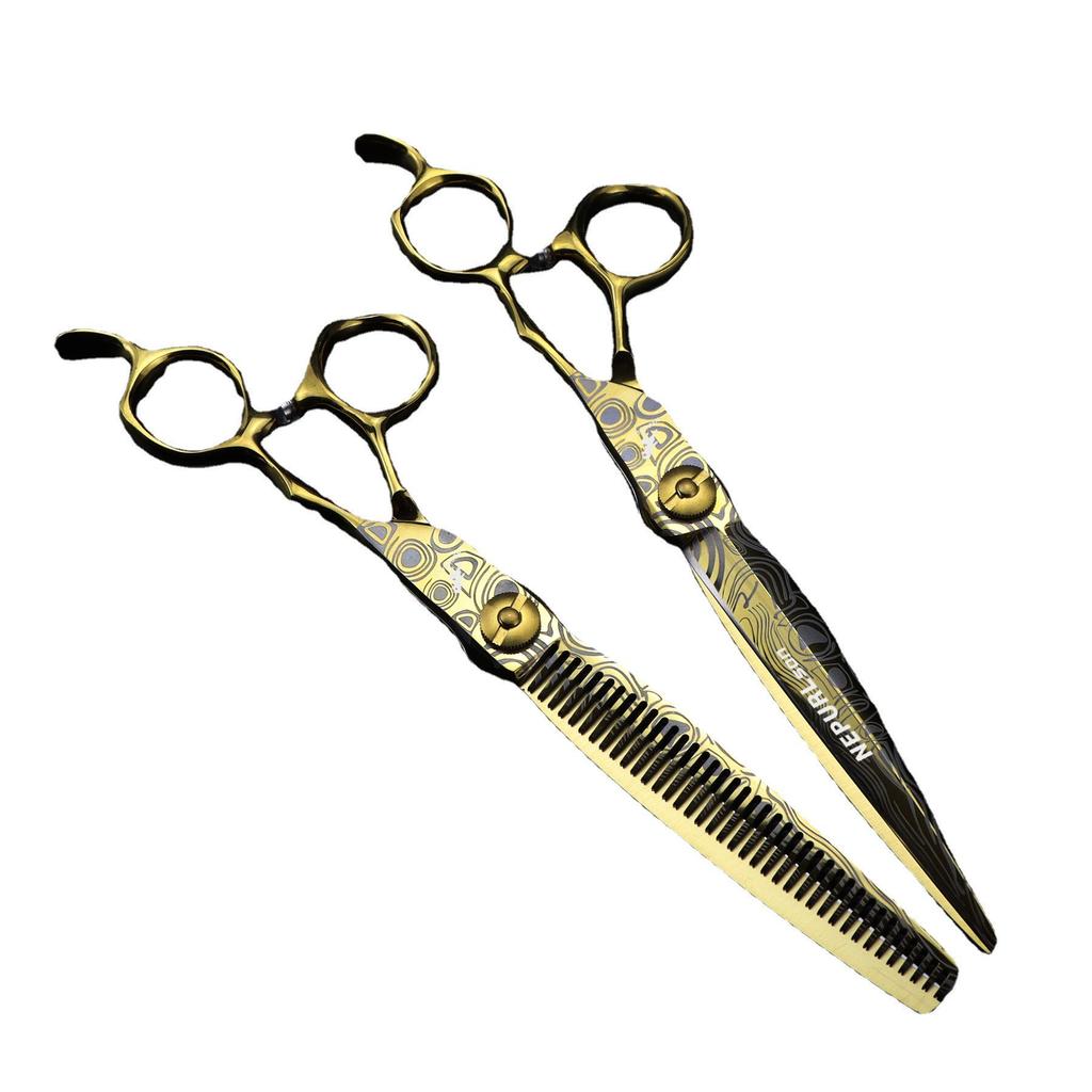 Gold 7" Damascus Steel Hairdressing Scissors - Barber Serrated Thinning Scissors