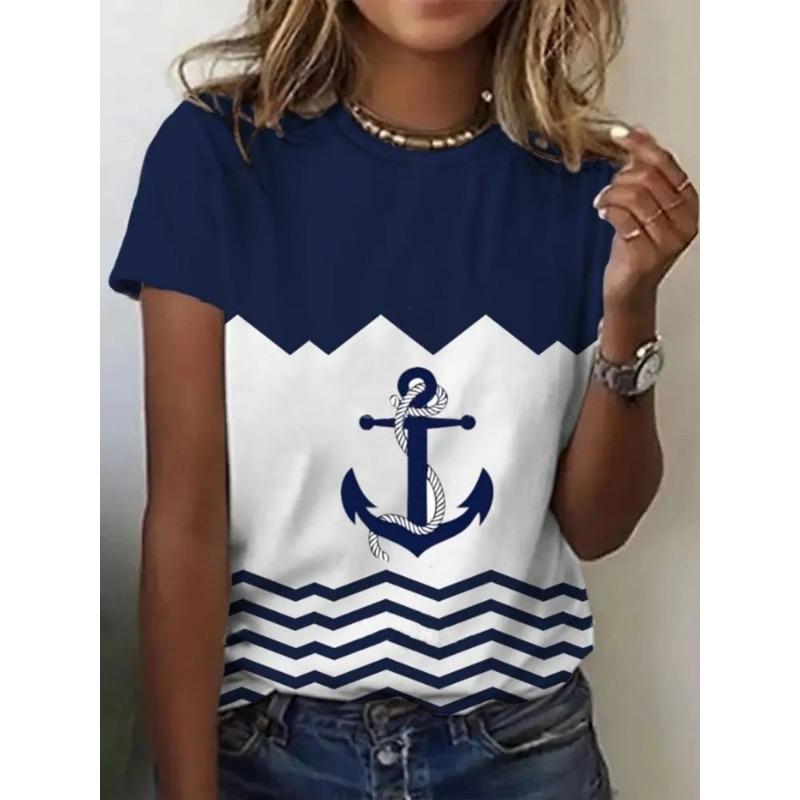 Women's 3D Printed T-Shirt Colorful Striped Boat Anchor Pattern Print Short Sleeve O-Neck Pullover Casual Top