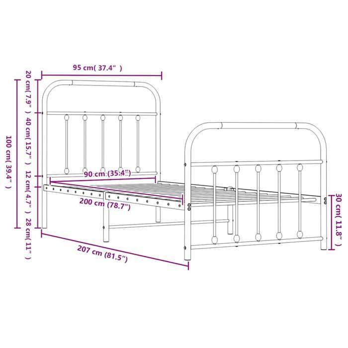 VidaXL Cadre de lit métal avec tête de lit-pied de lit noir 90x200 cm 352589