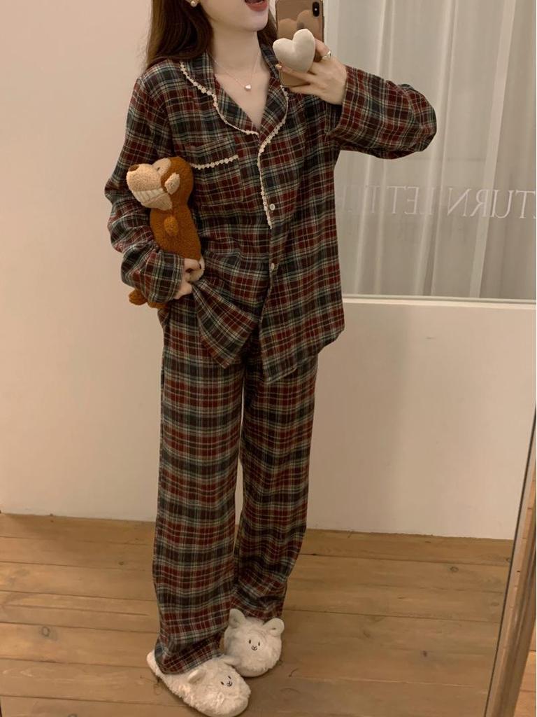 Japanese & Korean Style Couple's Plaid Lace Long-Sleeve Pajama Set