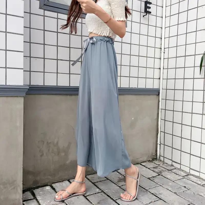 Women's Black Wide Leg Culottes Elastic Waist Flowy Casual Cropped Pants