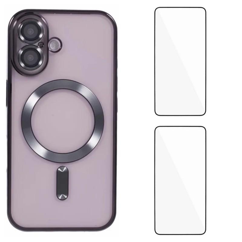 

For iPhone 16 Plus Magnetic Case WANLONFENG Electroplated TPU Cover with Lens Film+2Pcs Tempered Glass Black
