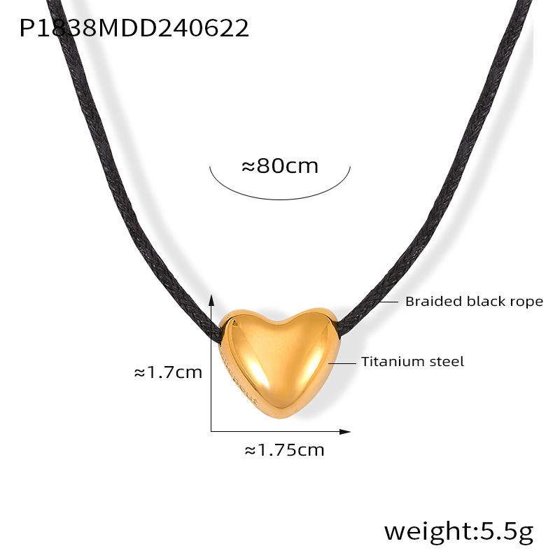 Korean Style Black Woven Necklace with Titanium Steel Heart Pendant - Retro Fashion Choker for Women