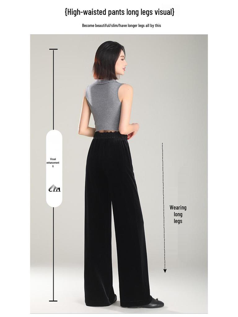 Women's High-Waist Golden Velvet Wide-Leg Pants - Spring/Summer 2026 Collection, Fashionable Black Drapey Casual Style.