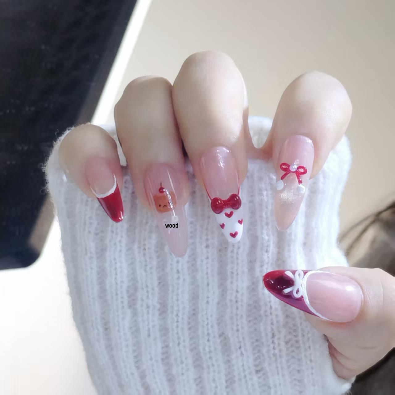 Festive Red Bear French Bow Handmade Cat Eye Cute Girly Long Nails Large