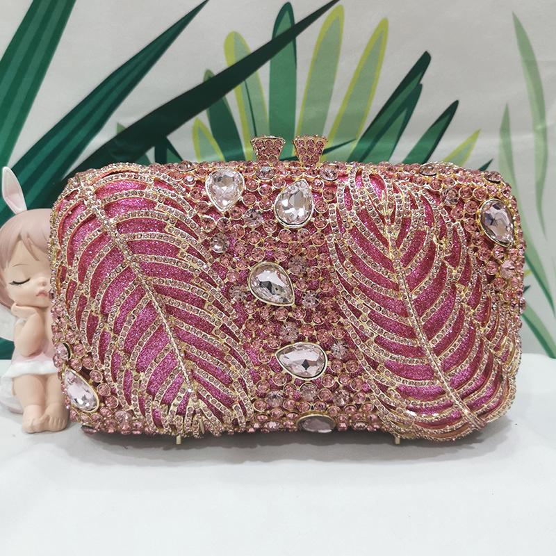 

WHTUOHENG Gold Metal Evening Bag Pink Diamond Leaves Women Clutch Bags Evening Clutches Handbags Ladies Wedding Party Purses 19cmX12cmX5cm