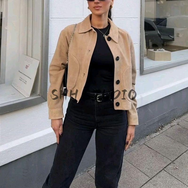 Autumn New Women Clothes Long Sleeve Lapel Simple Button Decoration Leather Crop Jacket Outerwear 4720200