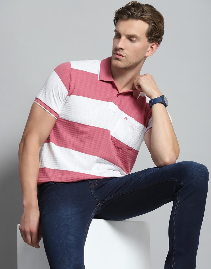 MONTE CARLO Mens Striped Pink Collar Neck Half Sleeve T-Shirt