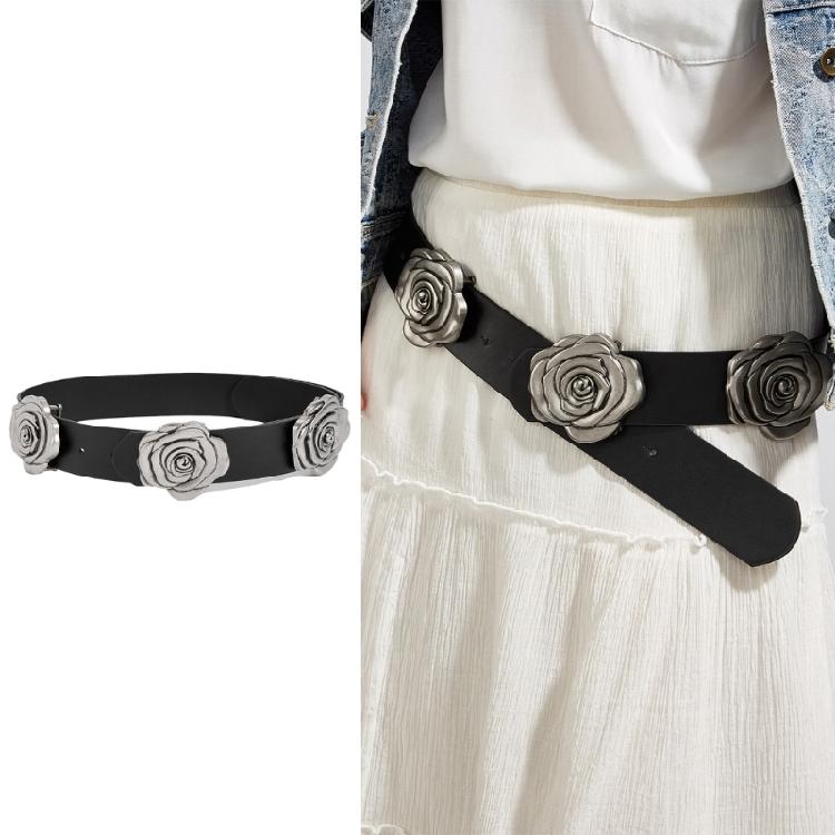 Decorative Rose Pattern Wide Belt Adjustable Waist Strap For Women Soft PU Leather Retro Design Daily Suit Dresses