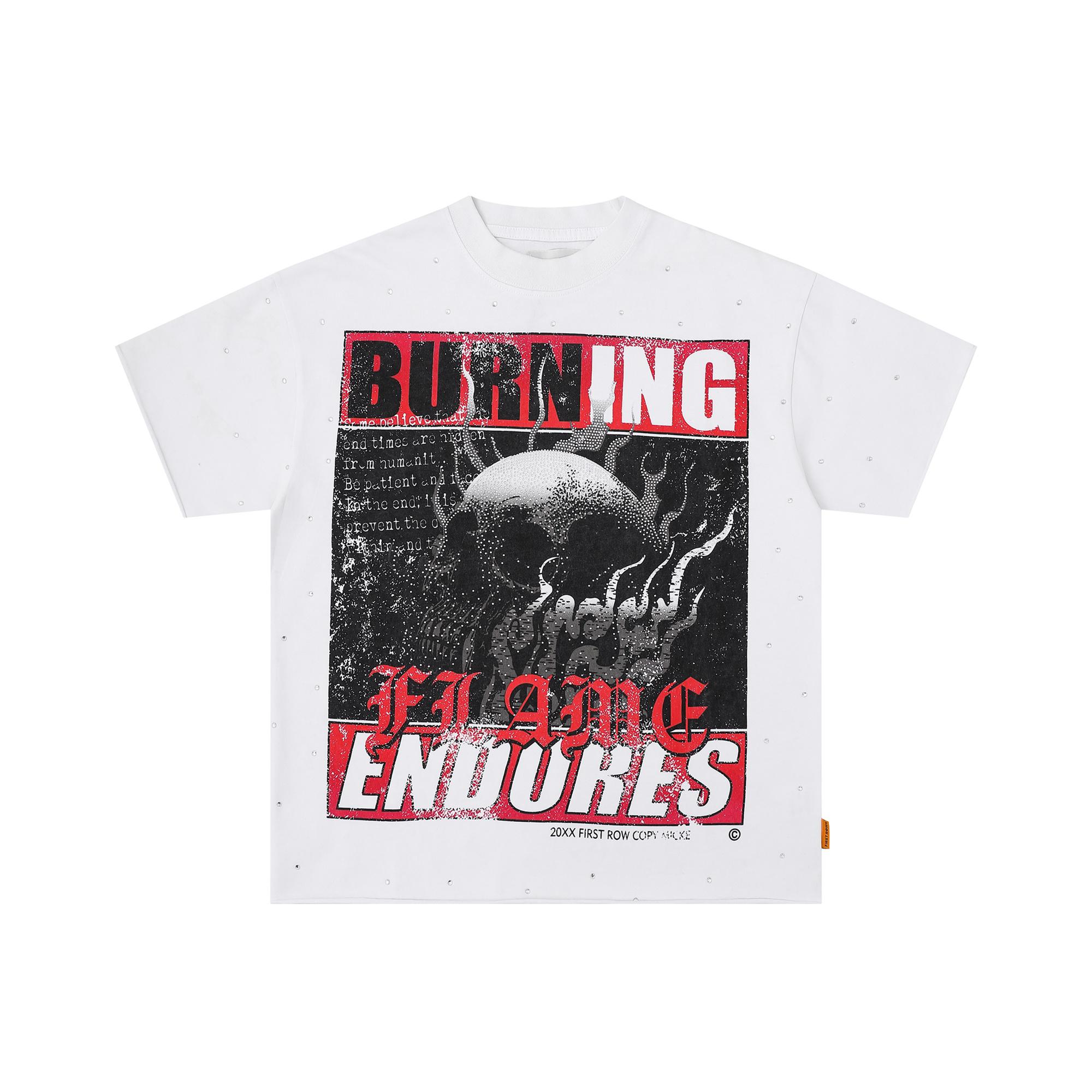 

Unisex Vintage Washed Grey T-Shirt, Burning Flame Skull Print with Rhinestone Details, Endures Text, Oversized Streetwear Tee XL