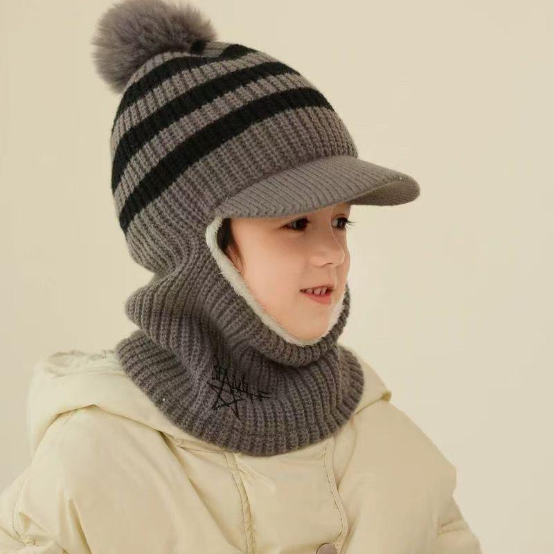 Kids' Winter Wool Hat with Velvet Lining & Duckbill Cap: Face Protection and Scarf Combo