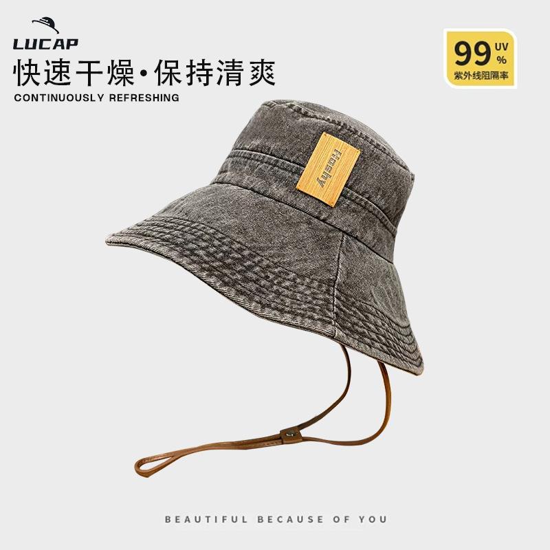 Washed denim bucket hat women's spring summer outdoor camping mountaineering hat showing small face big head circumference western denim hat