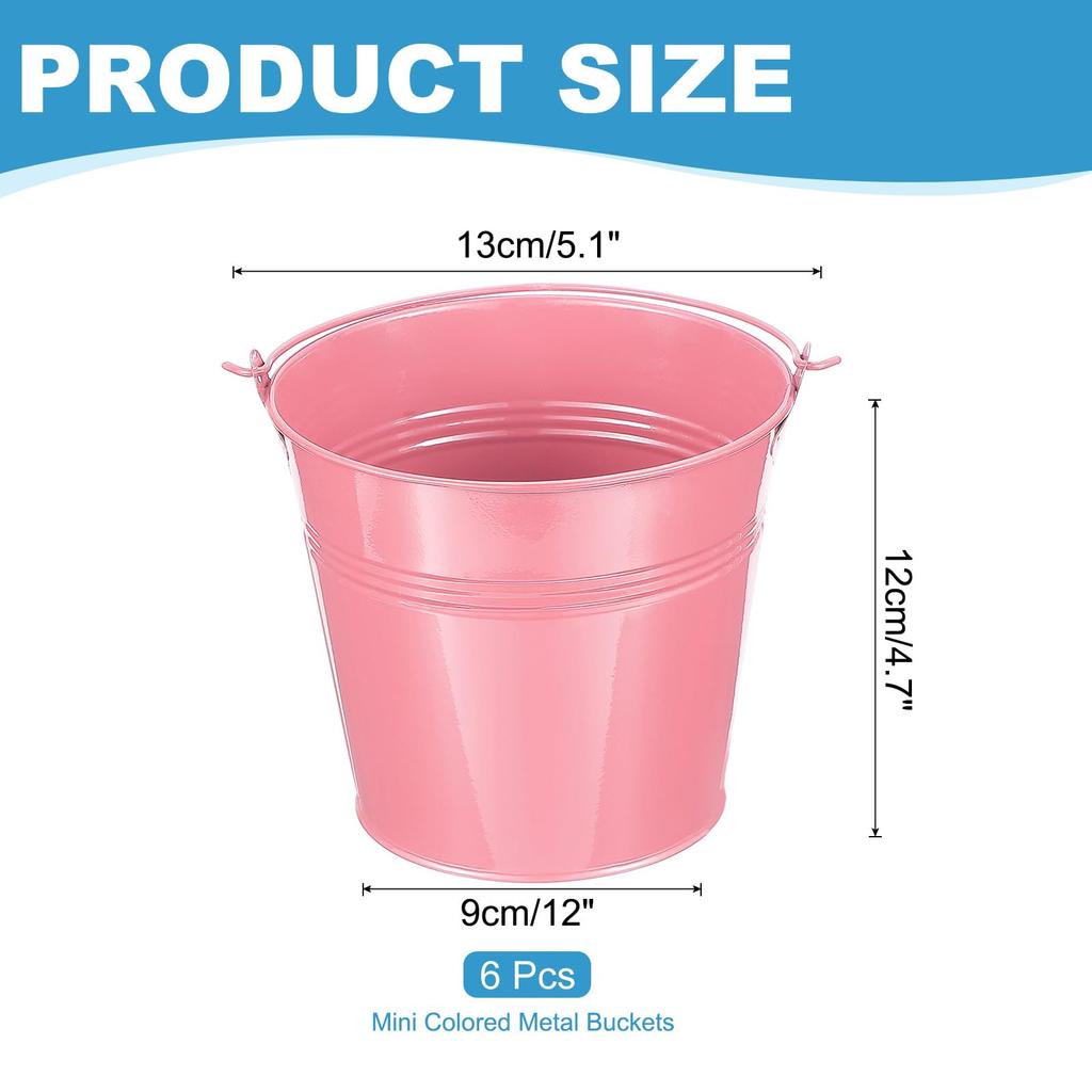 PATIKIL X Small Metal Buckets with Pack of 6 Mini Galvanized Buckets for Party Pink 5.1" 4.7" Handles, Crafts, Favors, Decorations,