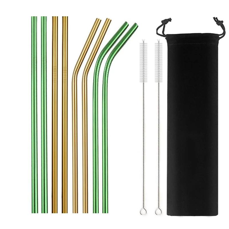 8 Pcs Metal Reusable 304 Stainless Steel Straws Straight Bent Drinking Straw with Bag Cleaning Brush Set Party Bar Accessory