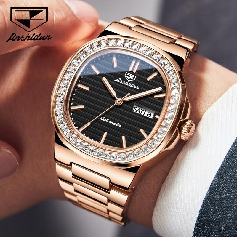 Montre pour homme JINSHIDUN avec montre mécanique automatique à relief horizontal incrustée de diamants