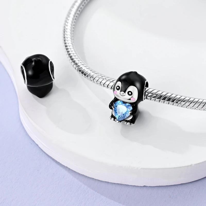 Copper Blue Heart Zirconpenguin Charms Bead Pendantsfit Diy Originalbracelet For Women Jewelry Birthday Gift