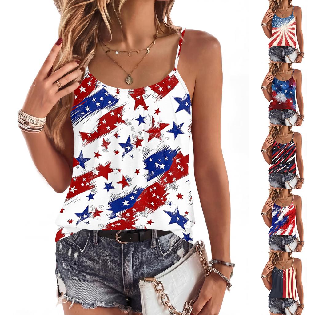 Women’s Casual Sleeveless Spaghetti Strap Ruched Tank Top with Star Print for Summer Loose Fit Fashion Vest Blouse