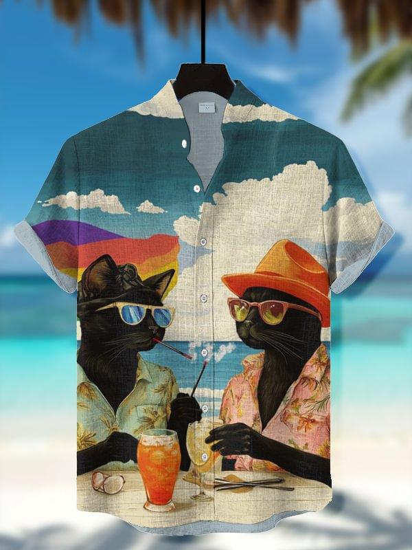 Funny Men's Cat Drinking Beer Shirts 3D Print Hawaiian Shirts Summer Men Women Short Sleeve Blouse Casual Vacation Beach Y2k Top
