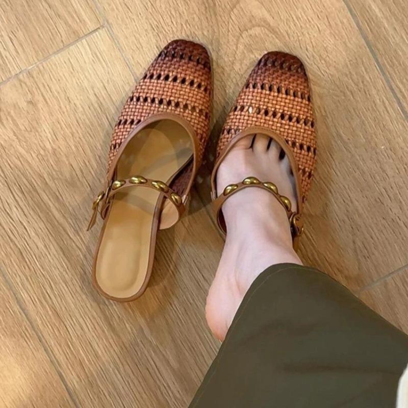 Fashion French Woven Cutout Slip-on Half Slippers Fashion New Square Toe Shallow Mouth Metal Buckle Block Heel Wrapped Sandals