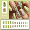 24 Pcs Glossy Full Cover False Nail Mediuim Square Press On Nail Flowers Stick On Nail Green Acrylic Nail
