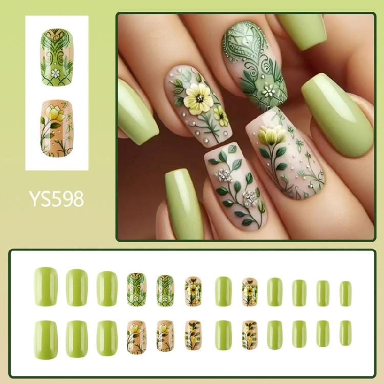 24 Pcs Glossy Full Cover False Nail Mediuim Square Press On Nail Flowers Stick On Nail Green Acrylic Nail