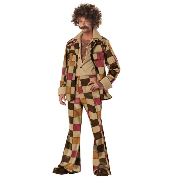 Couple Retro Disco Plaid Costume Role Playing Game Uniform Adult Men Women Combination 70s Hippie Stage Bar Rock Performance Pan