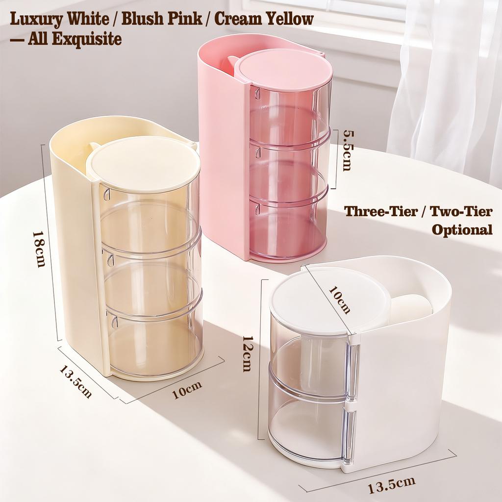 3-layers Rotating Dustproof Cosmetic Storage Box Multilayer Makeup Sponge Cushion Powder Puff Organizer Tube Desktop Makeup Storage