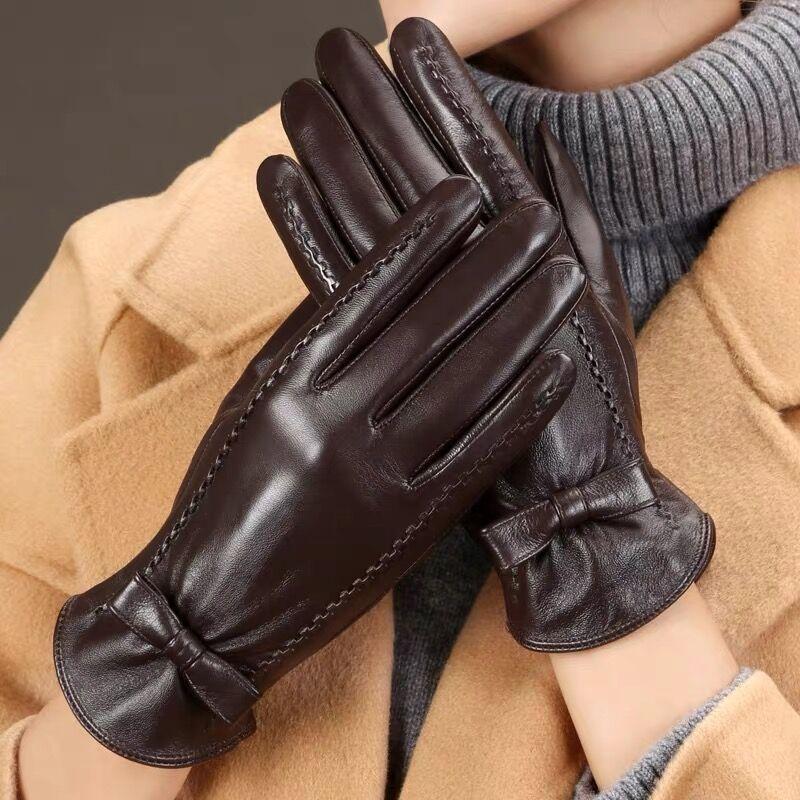 Women's winter leather gloves cycling driving cold and windproof velvet warm touch screen Korean version of fashion thin gloves